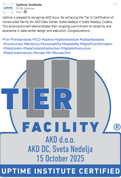 Uptime LinkedIn post about AKD d.o.o.