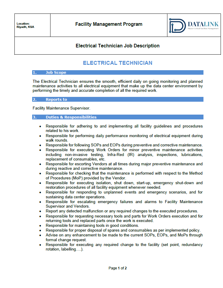 Description du poste de technicien en électricité