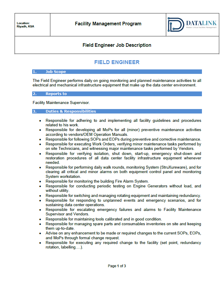 Description du poste d’ingénieur de terrain