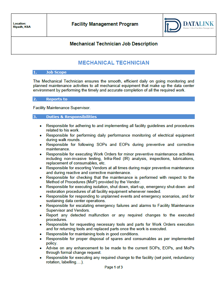 Description du poste de technicien mécanique